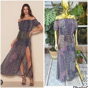 Lulus Neva Navy Blue Floral Print Off The Shoulder Maxi Dress Size XL